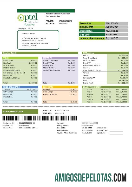 imprimível Modelo de conta de serviços públicos PTCL do Paquistão em formatos Word e PDF
